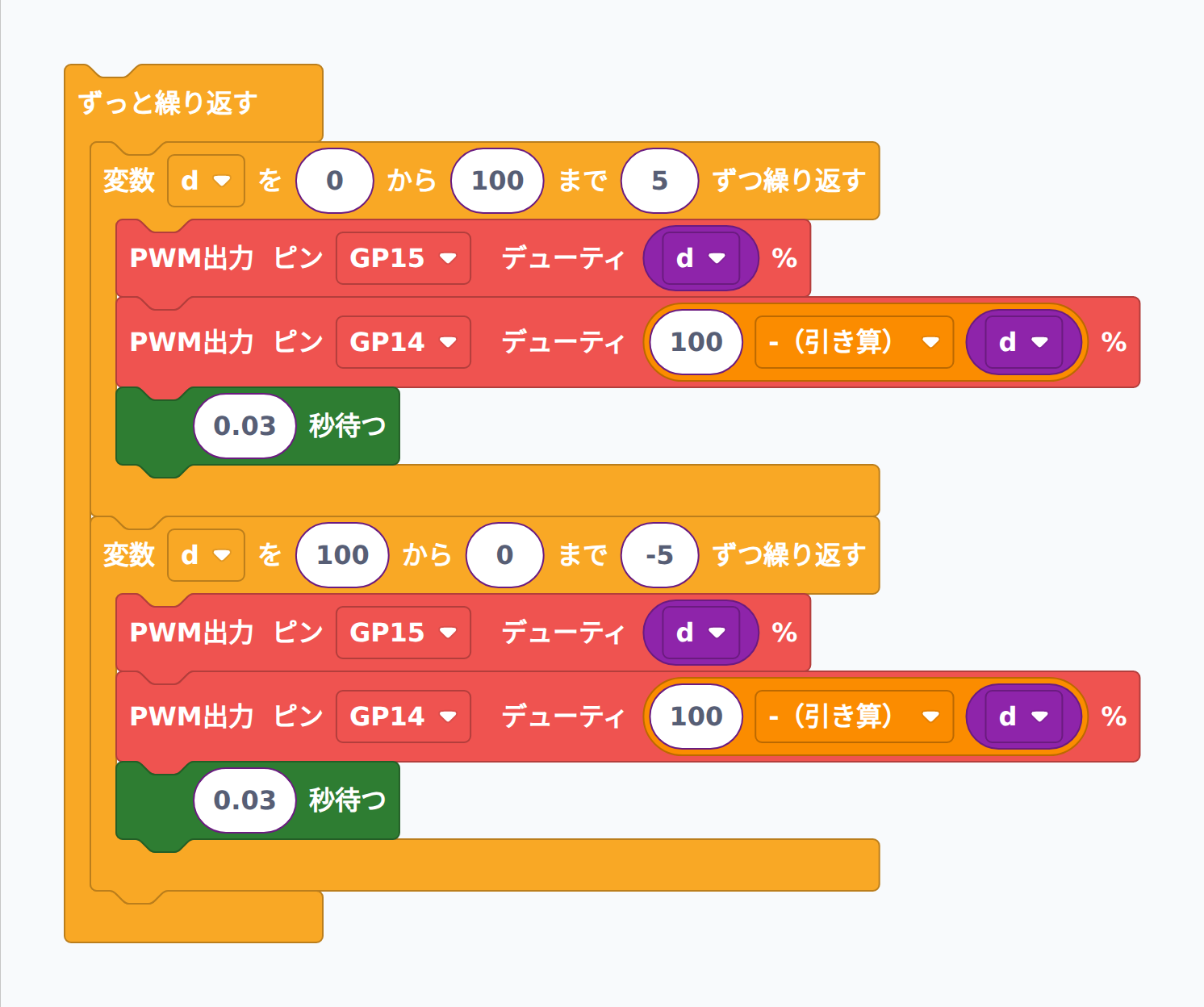 課題3-4-3 解答：2つのLEDを交互にフェード