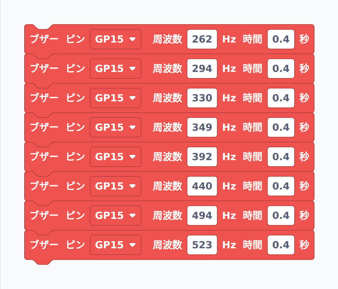ドレミファソラシドを 0.4 秒ずつ順番に鳴らすブロック