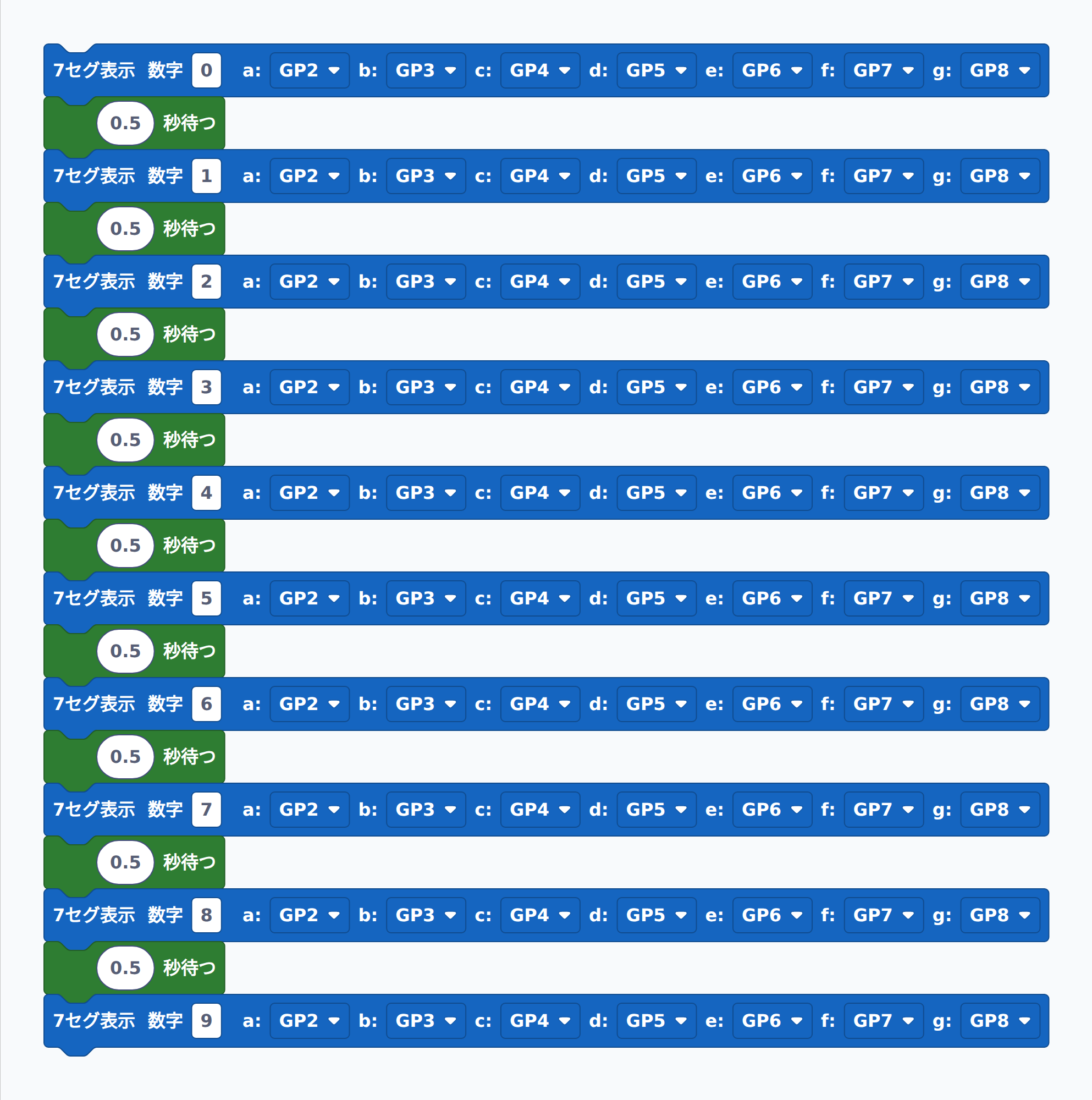 0〜9 までを 0.5 秒ずつ順番に表示するブロック