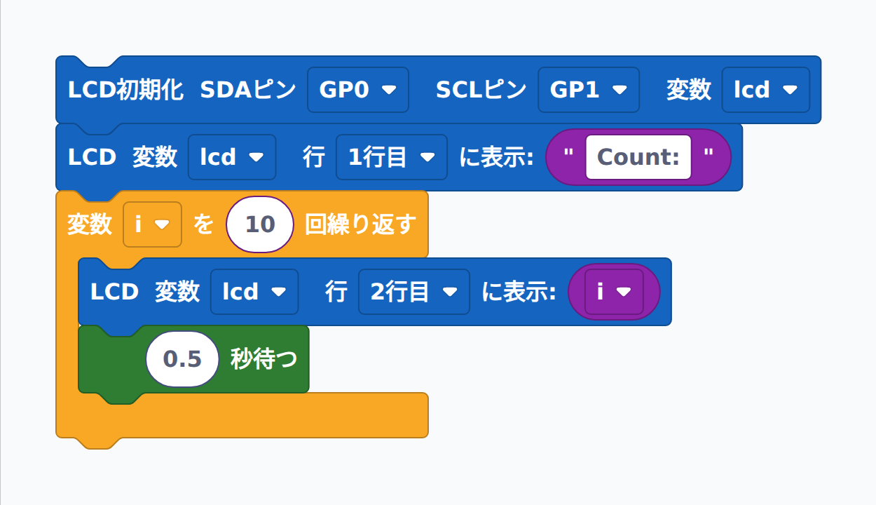 1 行目に Count:、2 行目に 0→9 のカウンタを表示するブロック