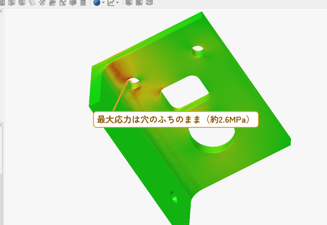 フィレット版の応力。フィレットに沿って赤みは出るが、最大応力は穴のふちのまま