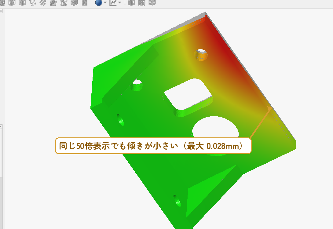 リブあり版の変位（同じ50倍表示）。傾きが目に見えて小さい。最大0.028mm
