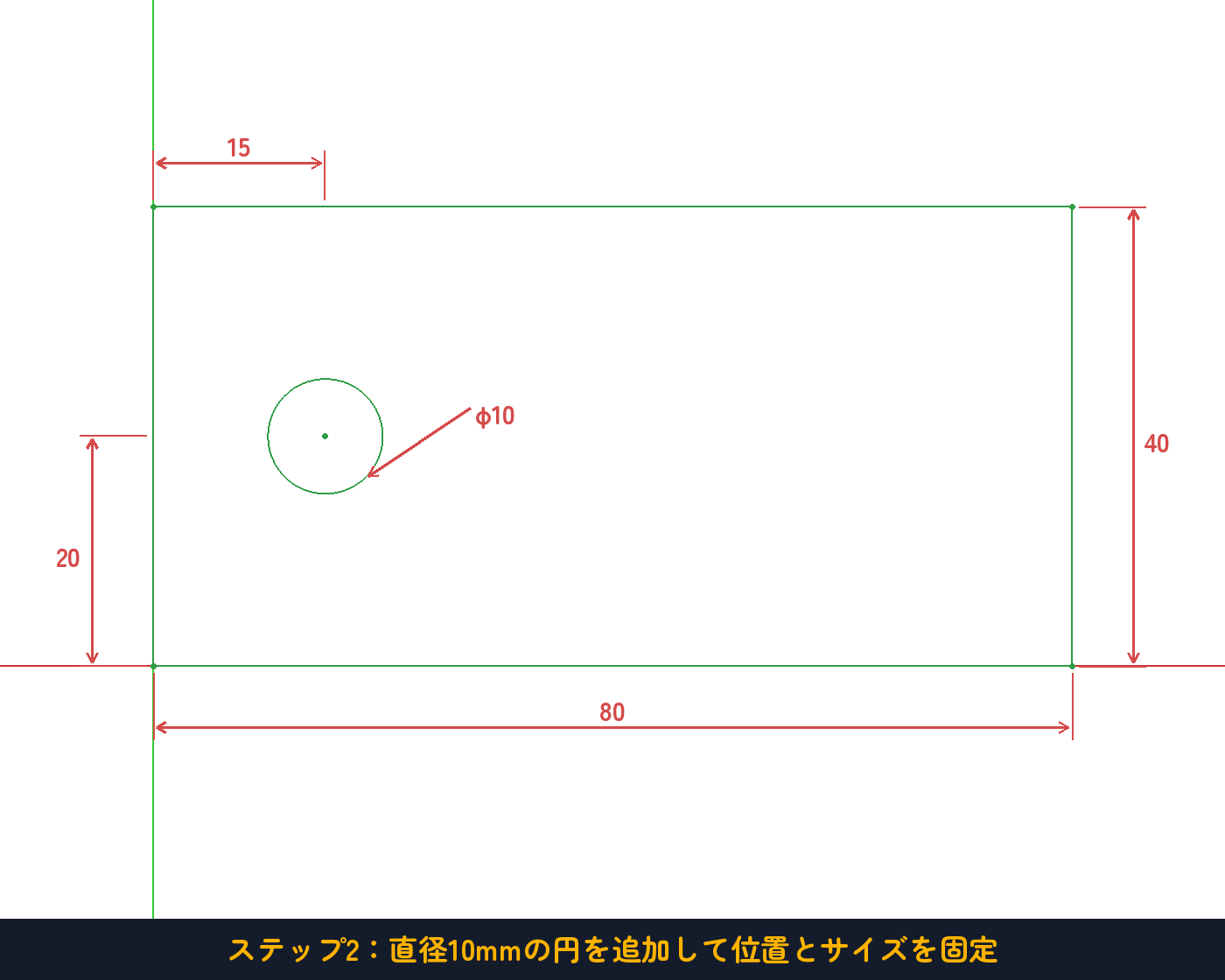 ステップ2：円の位置（15, 20）と半径5を固定