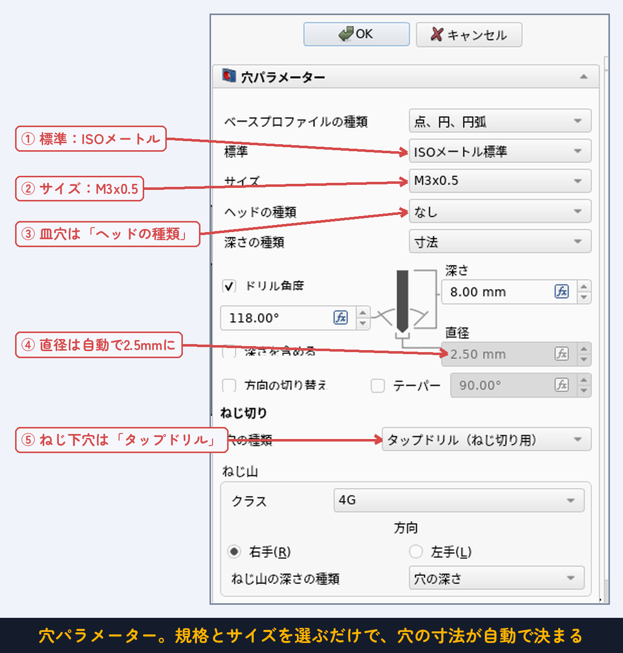 穴のパラメーター。「標準」と「サイズ」を選ぶだけで、下穴の直径2.5mmが自動で入る