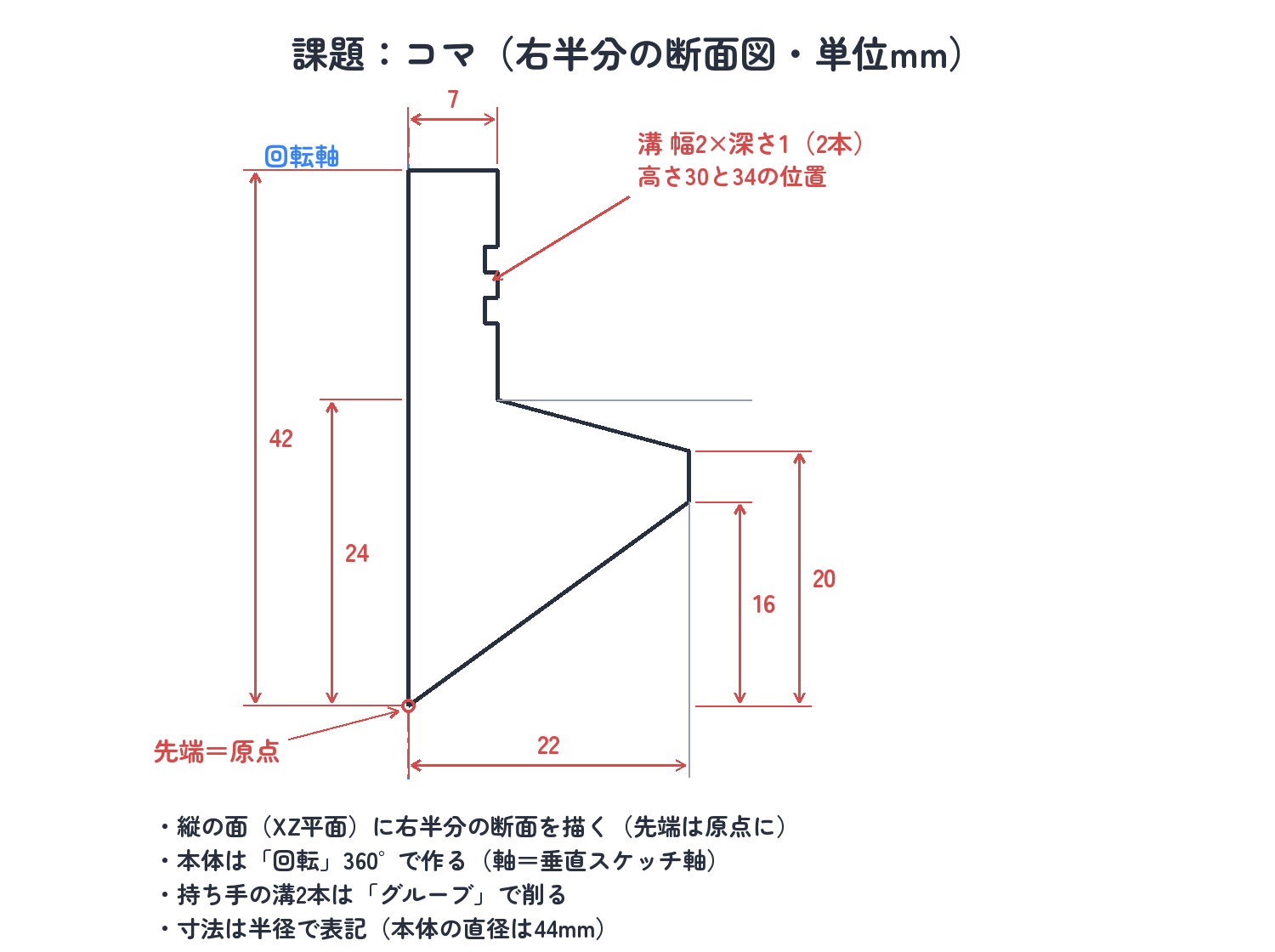課題:このコマを作る(右半分の断面図・単位mm)