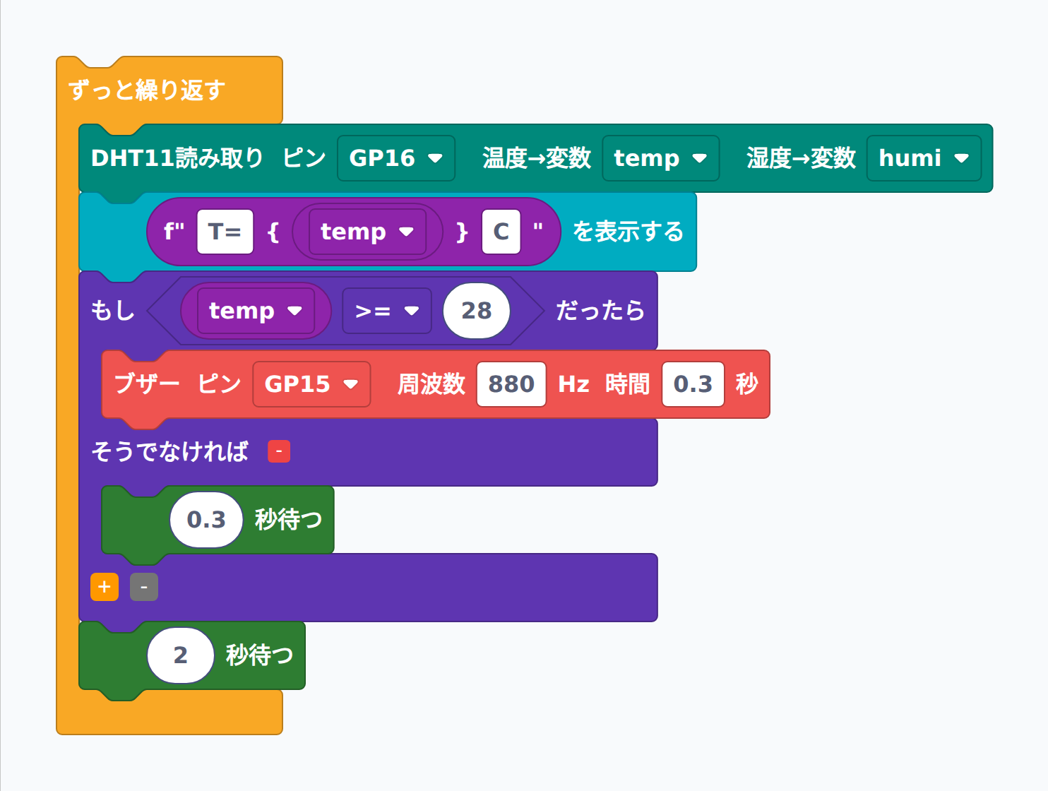 気温28度以上でブザーを鳴らすブロック