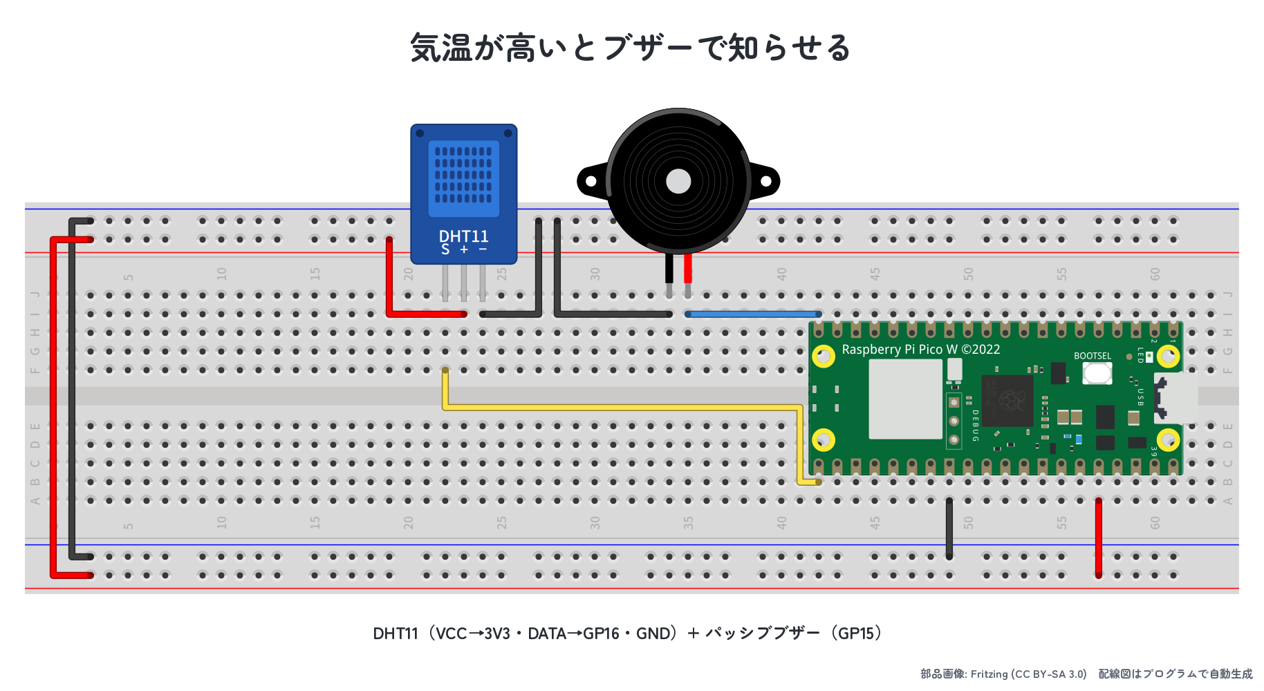 DHT11 + パッシブブザーを Pico に接続した実体配線図