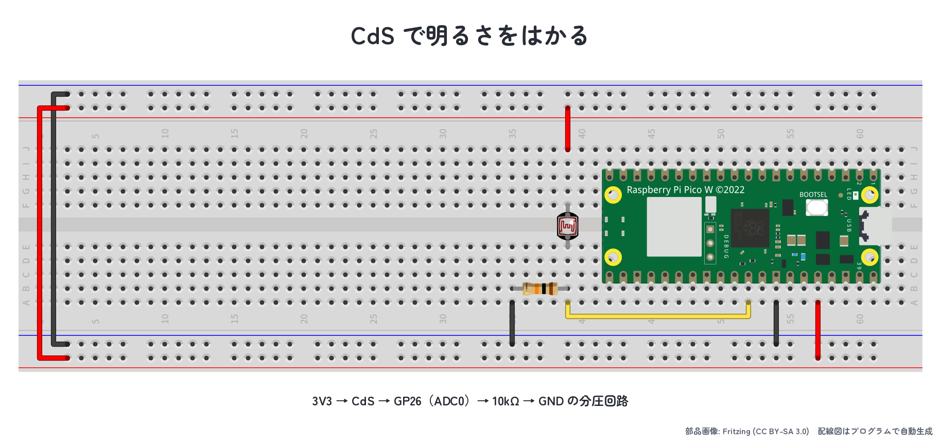 CdS + 10kΩ 分圧回路を Pico に接続した実体配線図