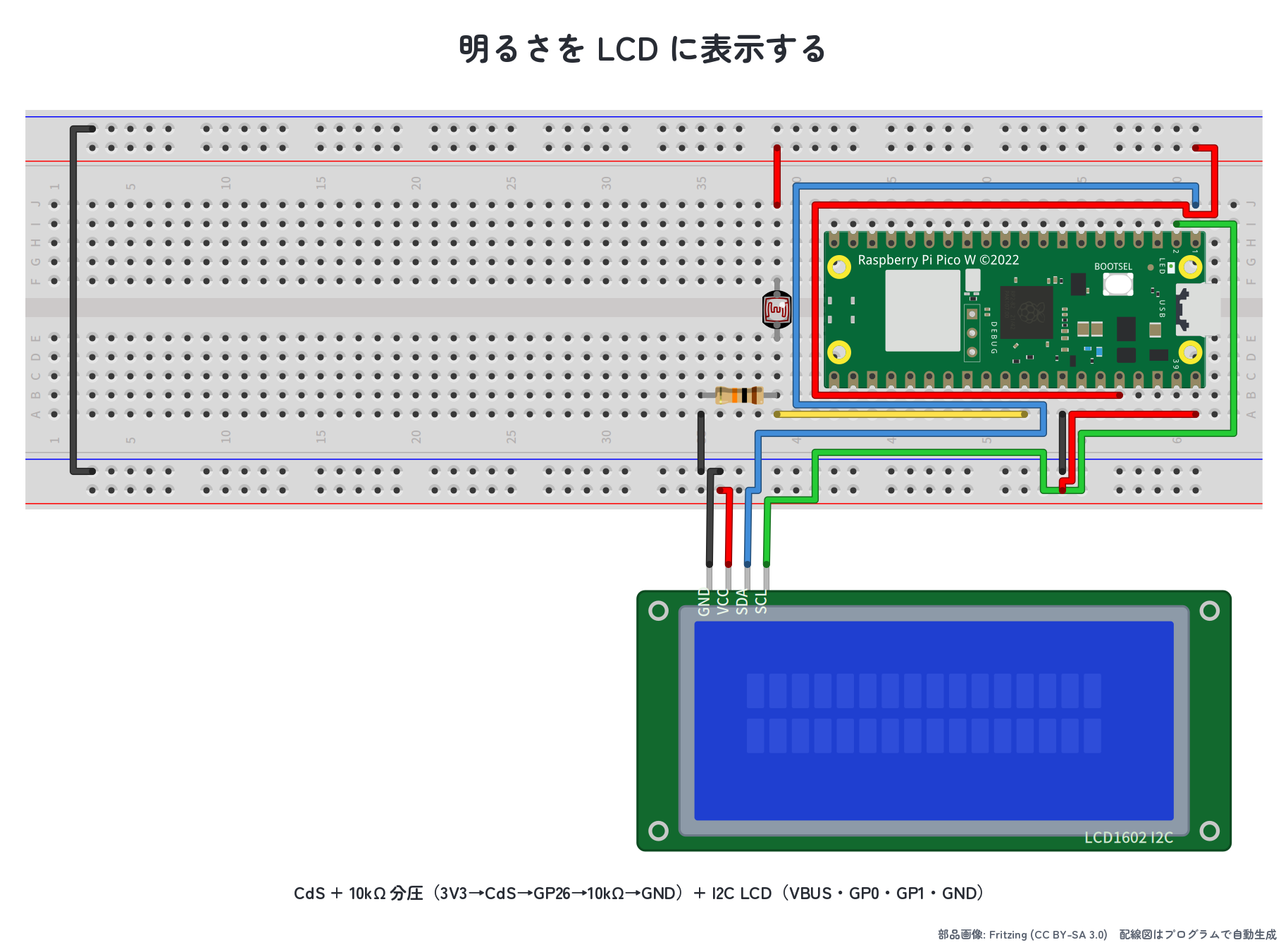 CdS + I2C LCD を Pico に接続した実体配線図