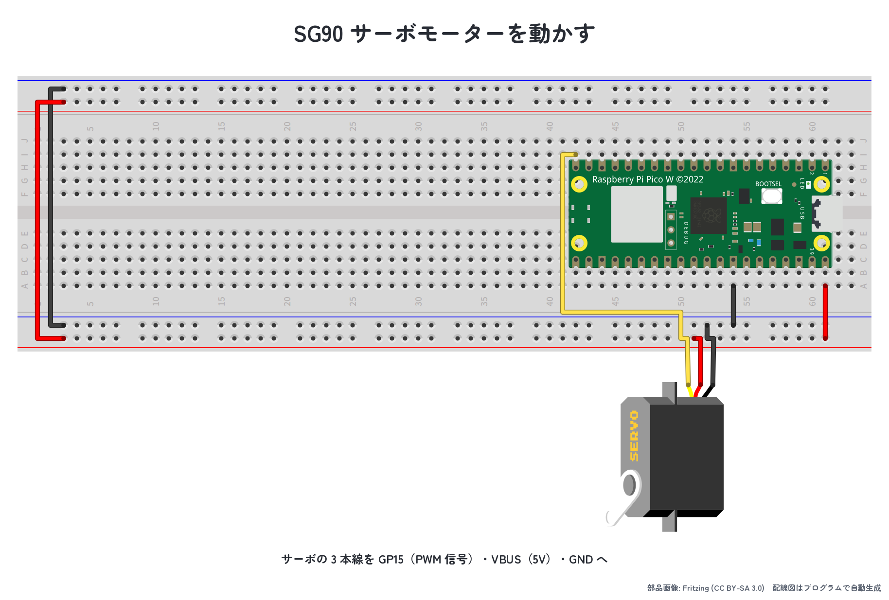 SG90 サーボを Pico に接続した実体配線図