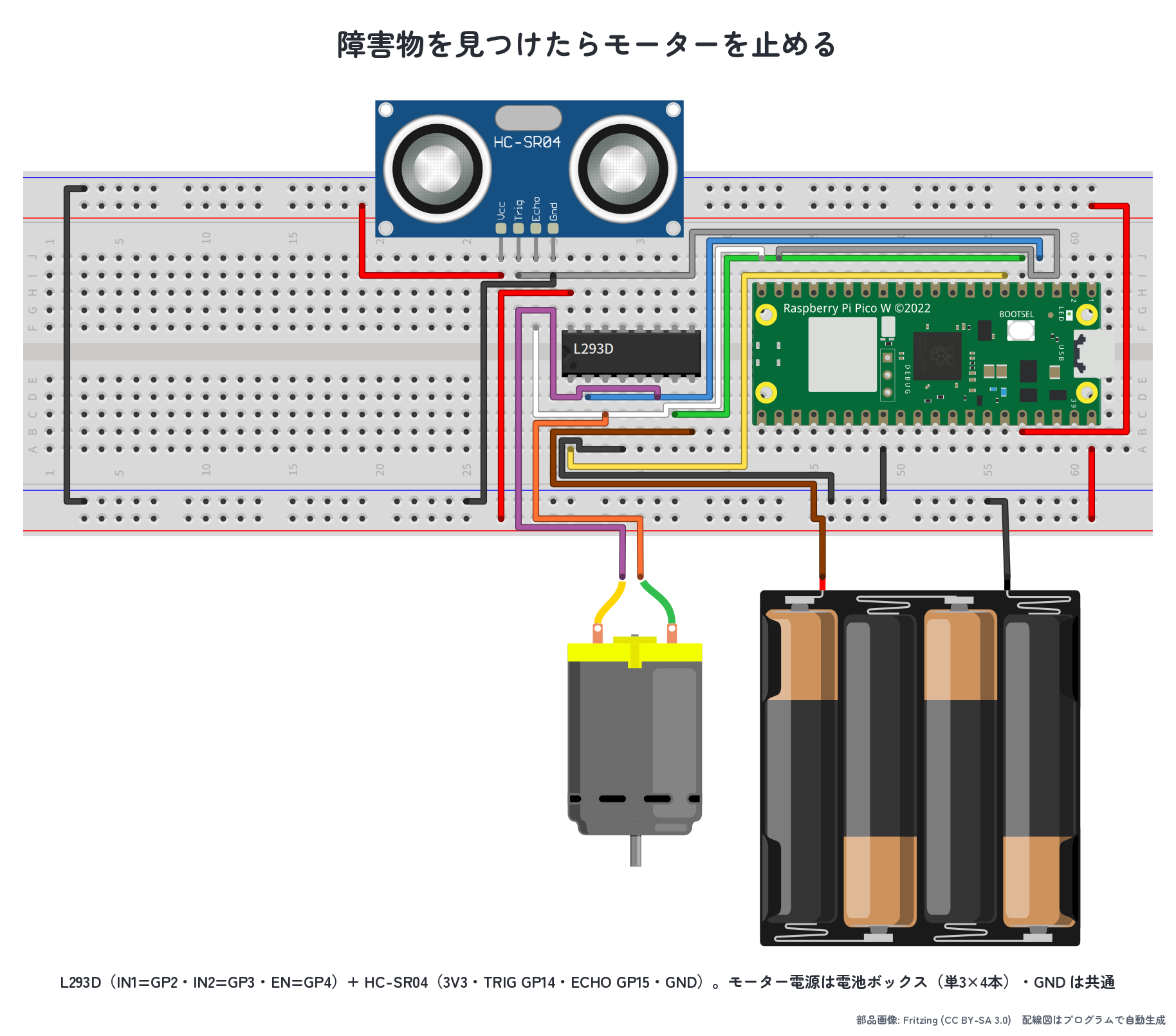 超音波センサーと DC モーターを Pico に接続した実体配線図