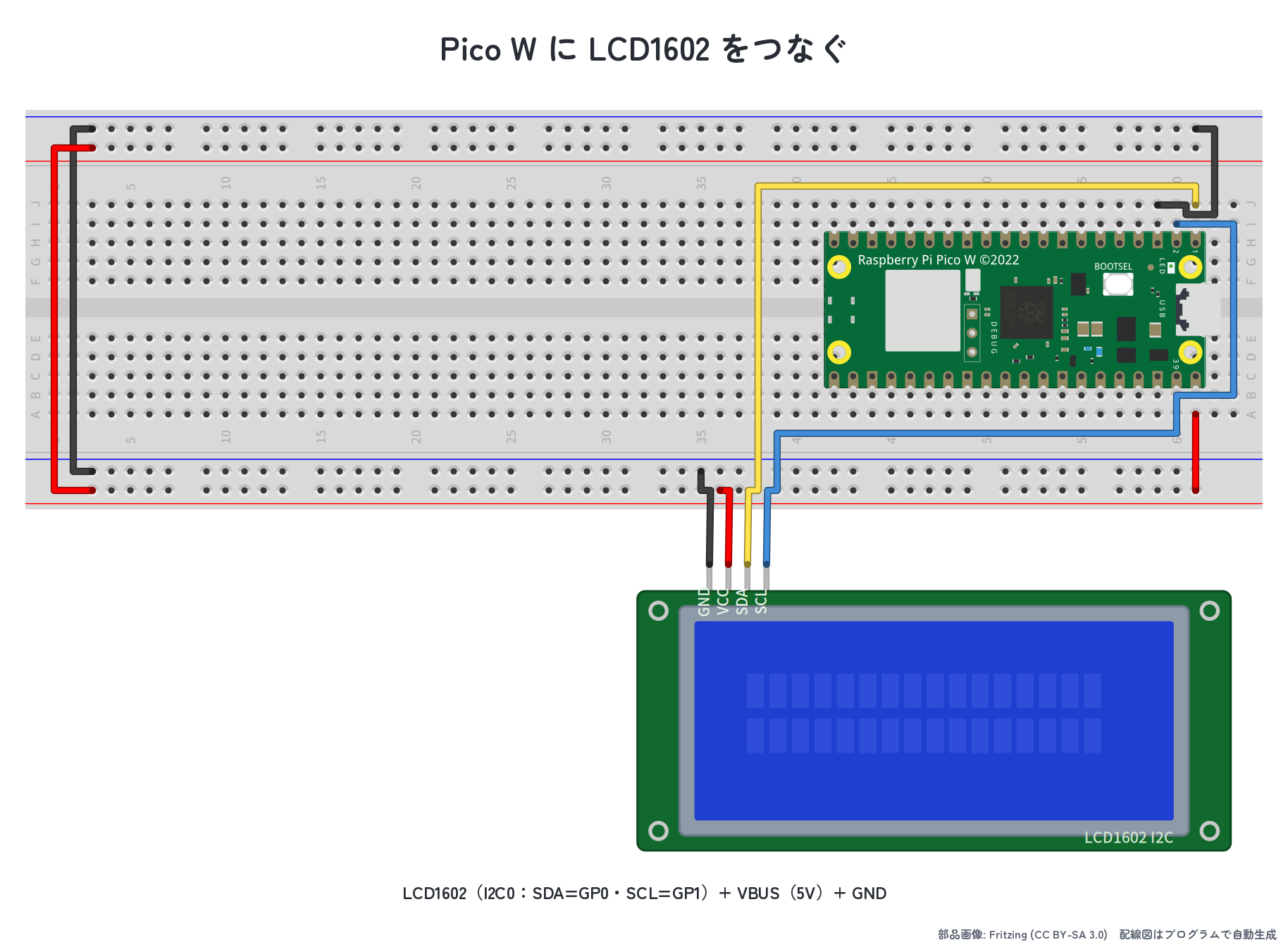 LCD1602 を Pico W に接続した実体配線図