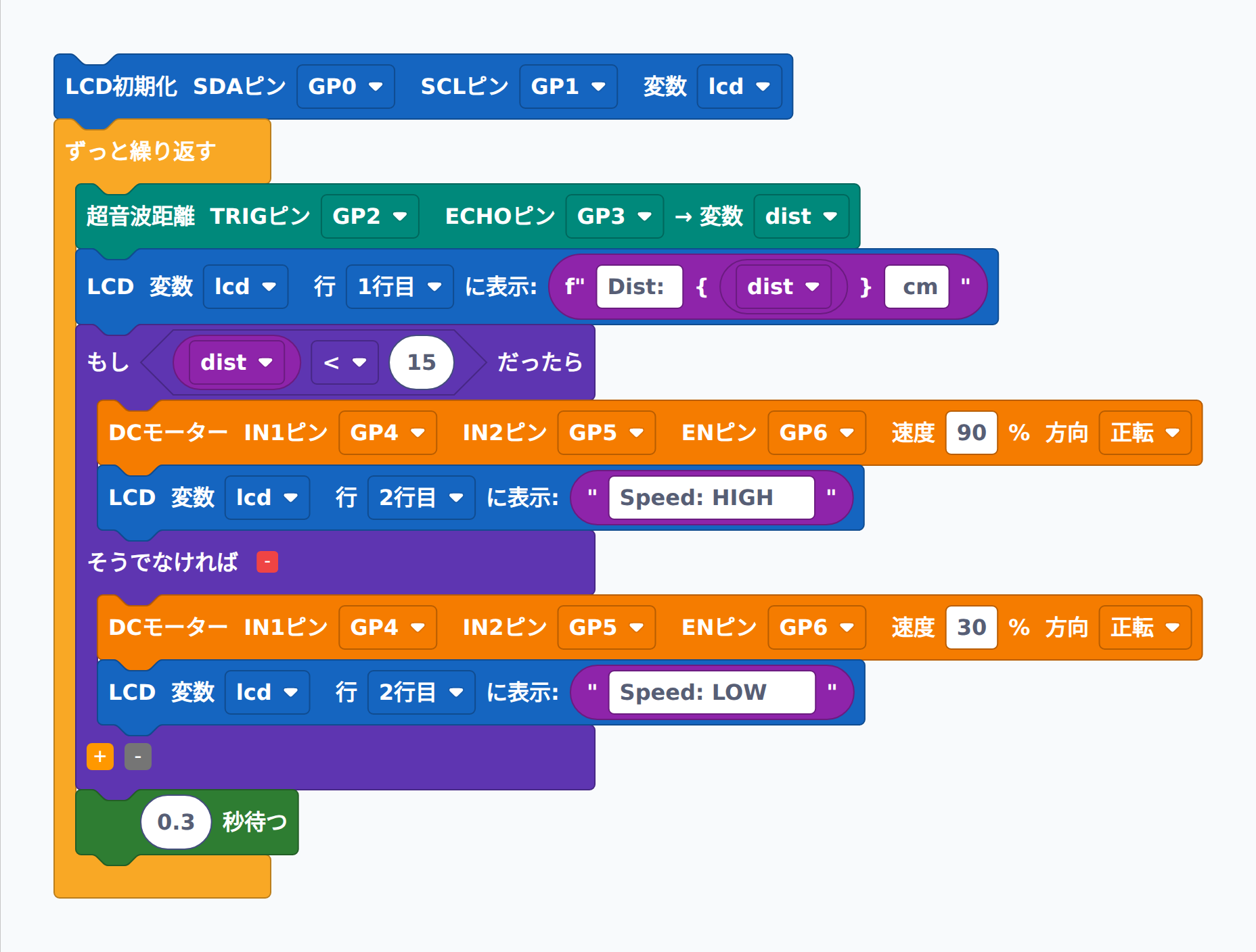 距離連動 DC モーター速度制御のブロック（基本版）