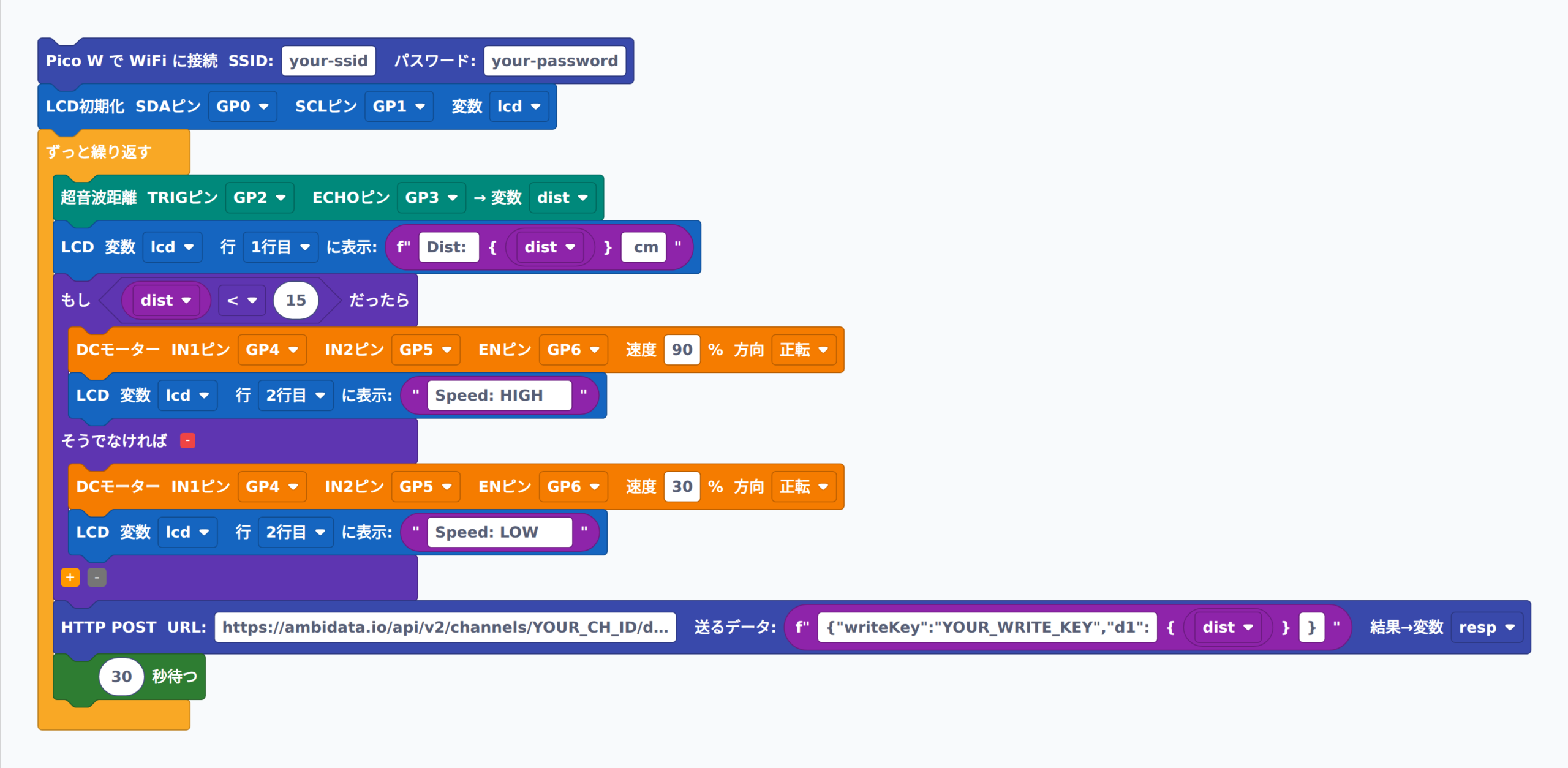 距離連動 DC モーター速度制御（Pico W IoT 化版）のブロック