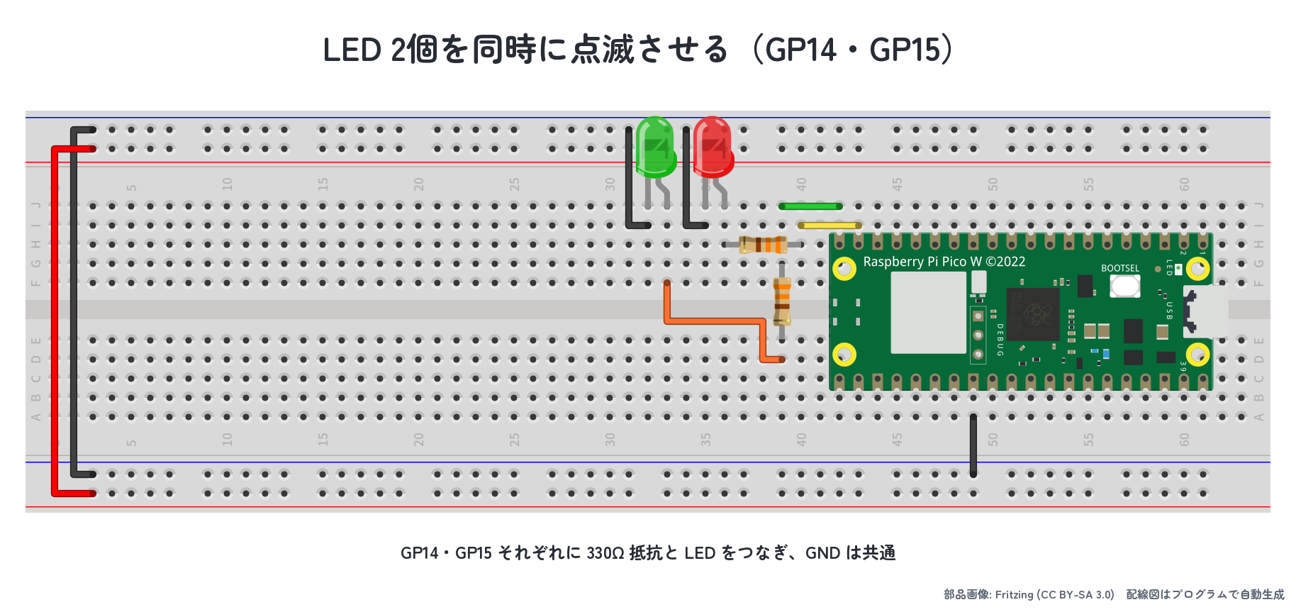 課題3-4-3 配線図：GP14 / GP15 にそれぞれ LED