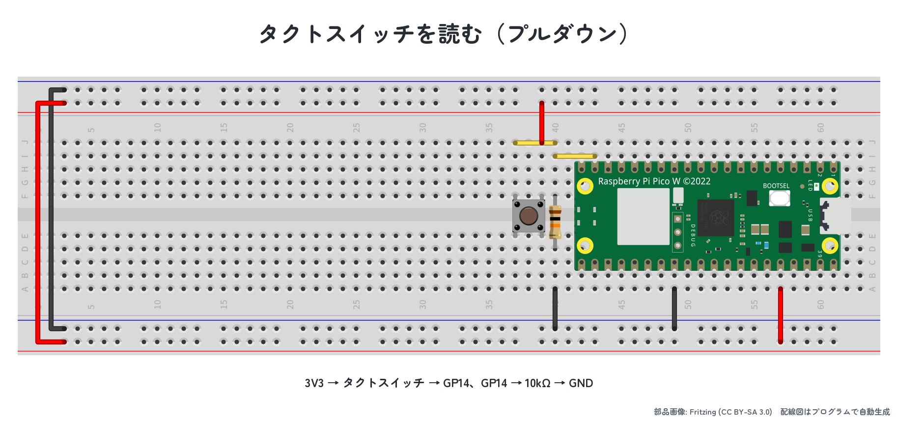 プルダウン抵抗版：GP14 へボタン入力を配線した実体配線図