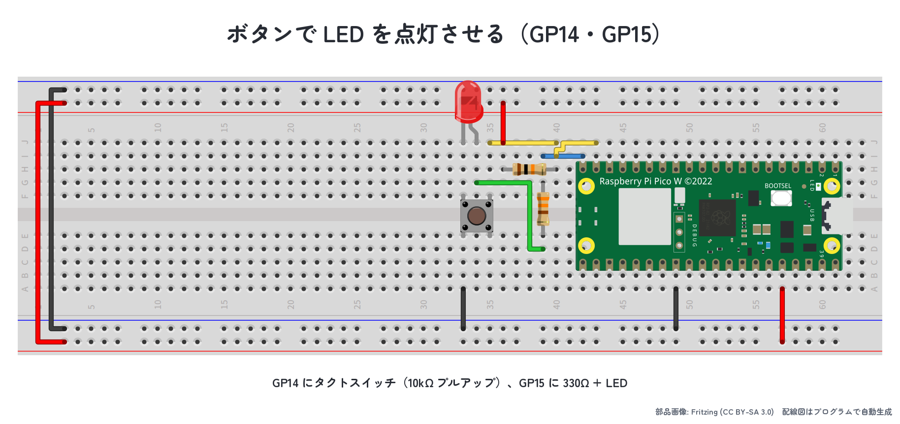 課題3-3-2 配線図：GP14 ボタン + GP15 LED