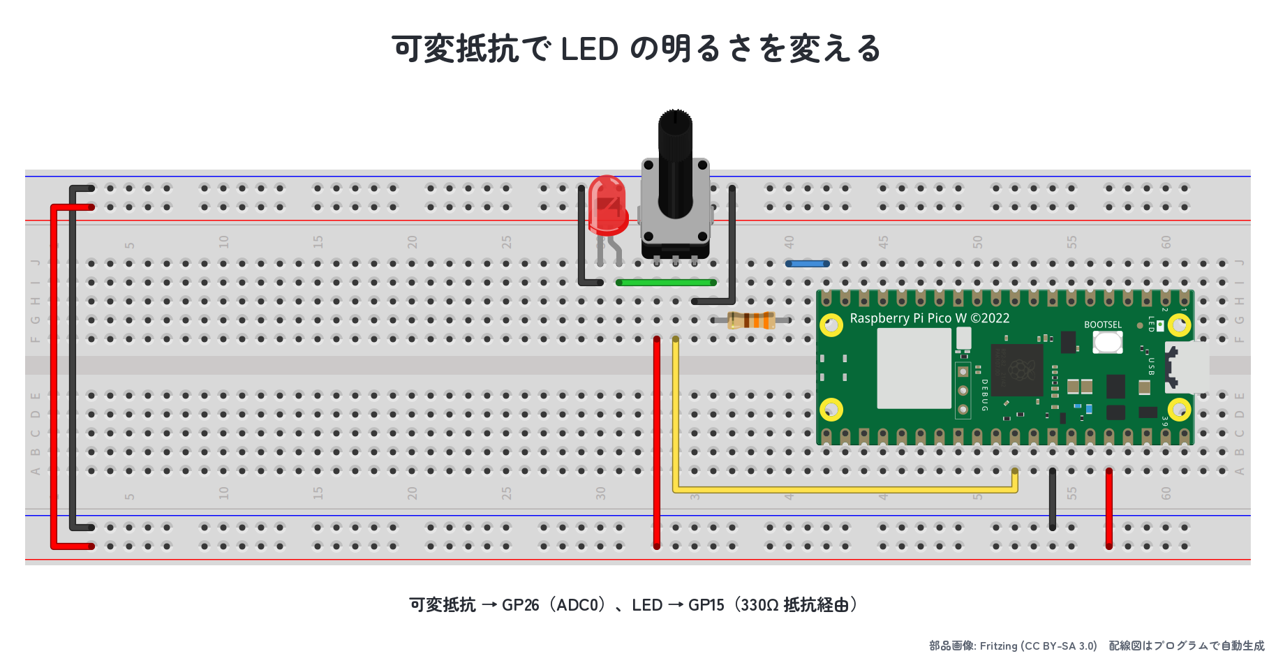 可変抵抗 + GP15 LED の配線図