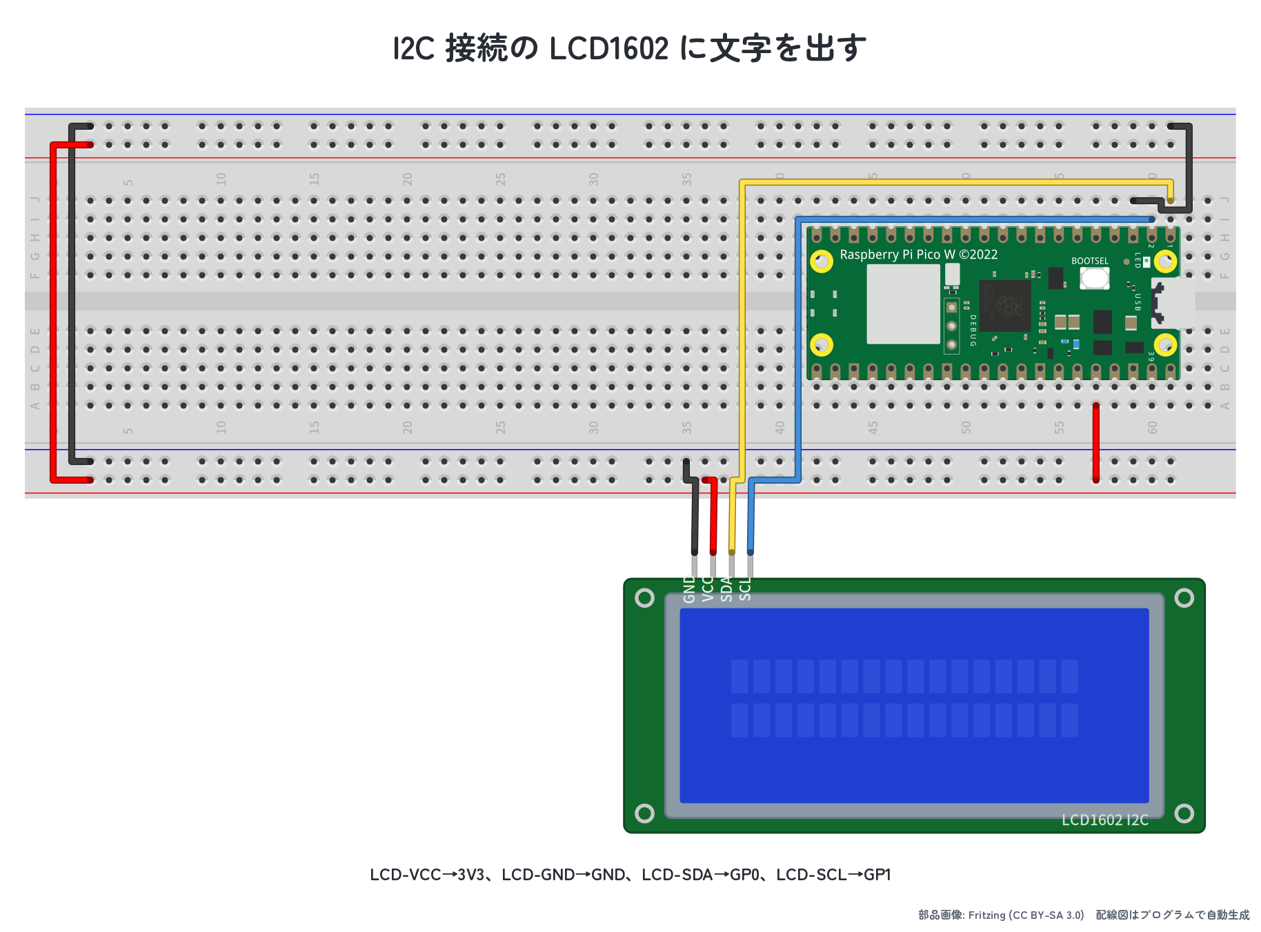 LCD1602 を I2C で Pico に接続した実体配線図
