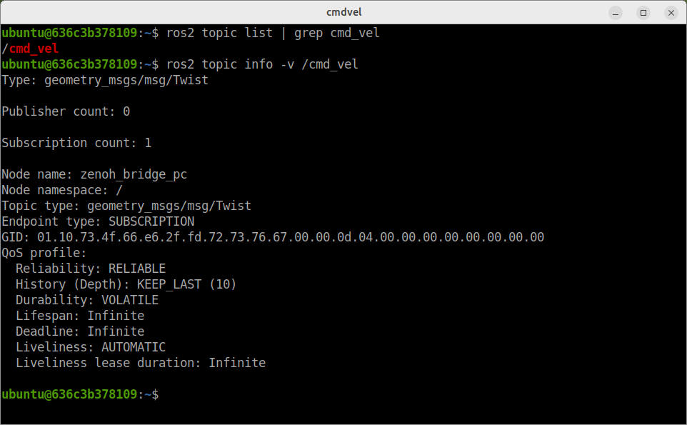 PC から見える速度指令のトピックは /cmd_vel だけ。受け取っている(Subscription)のは zenoh_bridge_pc の 1 つで、送っている(Publisher)ノードはまだありません