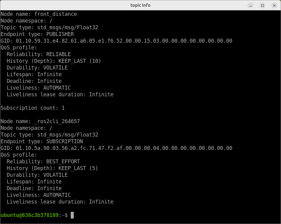 ros2 topic info -v の出力。型が設計シートと同じか、QoS がどうなっているかをここで見る