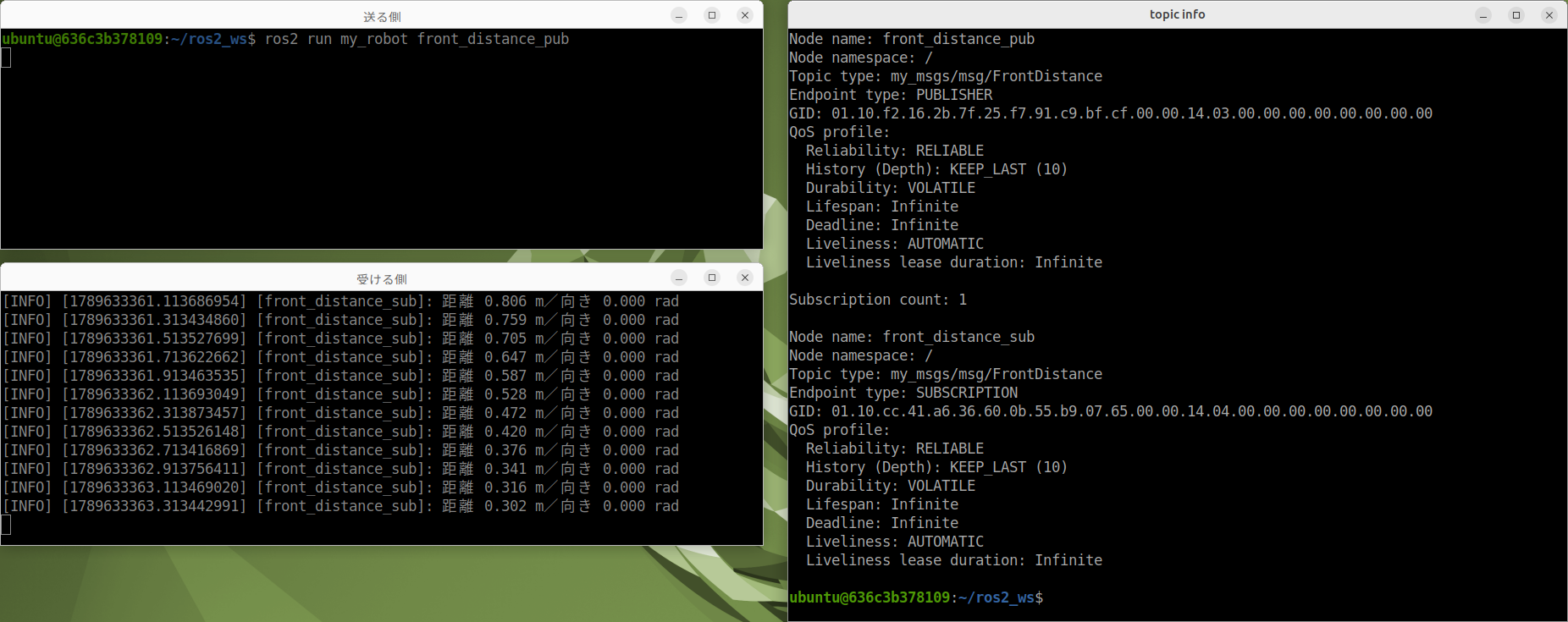 Topic type が my_msgs/msg/FrontDistance になっている。Subscription count: 1 で、受ける側とつながっている